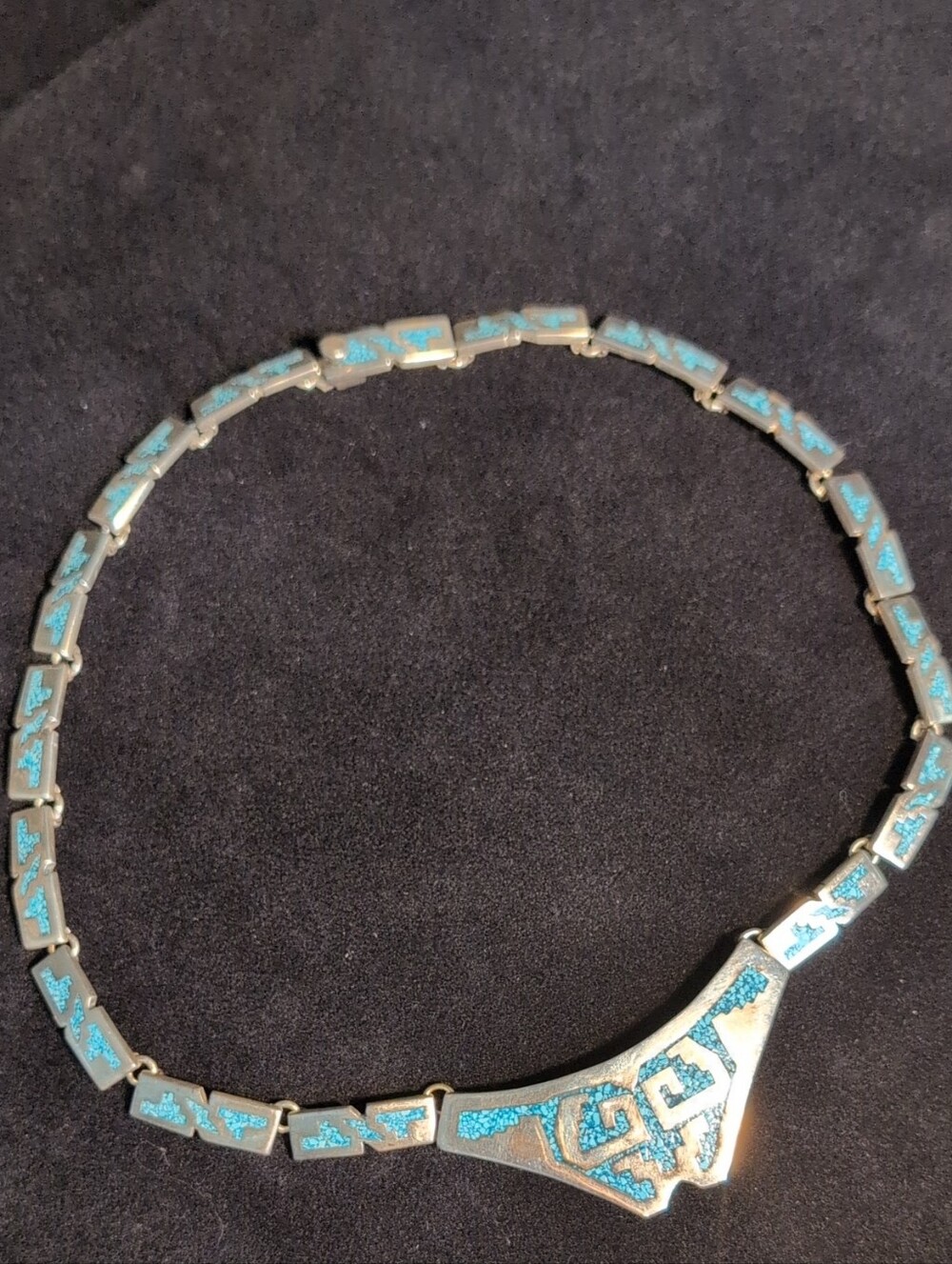 Inca Style Mexico 925 Sterling Silver Necklace with Turquoise Inlay 89g
